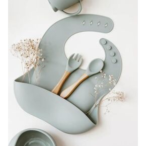 Giggle&Grin Baby Feast Silicone Baby feeding set/Silicone Feeding Bowl/Silicone Bib/Wooden Spoon with Silicone 6-12 Months - White Set with Green Spoon