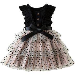Nileafes Toddler Baby Girl Tulle Dress Casual Summer Polka Dots Tutu Girls Playwear Dresses Size 90 (1-2 Years,088 Black-N)