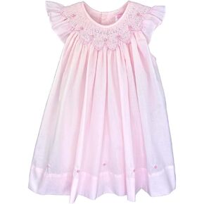 Pink Rosette Scalloped Smocked Neckline Bishop Dress 3 Months