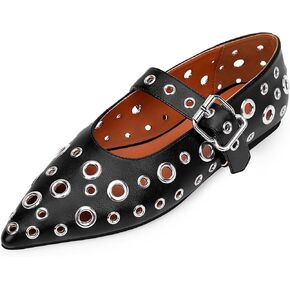100FIXEO Women's Ballet Flats Metal Eyelet Perforated Studded Buckle Strap Pointed Toe Shoes