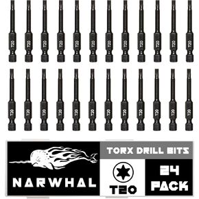 T20 Torx Bits (24 Pack - 2 Inch Impact Grade) 6 Point Torx Star Bit with Hex Shank - Hardened CRM Steel Alloy - Case Included