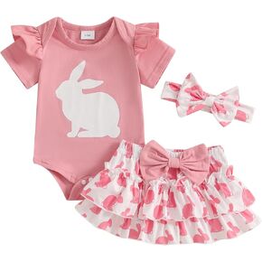 Muasaaluxi Newborn Baby Girl Easter Outfit Ruffle Short Sleeve Bunny Romper Tutu Shorts Headband 3Pcs Summer Clothes 0-18M