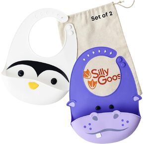 Silly Goose Set of 2 Silicone Animal Baby Bibs for Babies and Toddlers, Waterproof, Adjustable, Soft, Extra Wide Food Catcher Pocket (Penguin + Hippo)