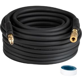 Hybrid Air Hose 3/8 In. x 100 ft, Flexible, Air Compressor Hose With 1/4" Brass Industrial Coupler, Strain Reliefs, Non-Kinking, Black