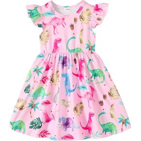 Happy Town Toddler Baby Girl Dinosaur Dress Little Girls Summer Dresses Cute Dinosaur Printed Fly Sleeve Sundress