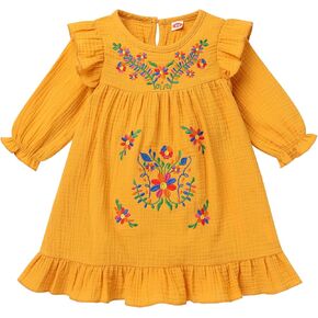 Baby Girls Mexican Dress Long Sleeve Floral Embroidery Party Traditional Ethnic Wear Costume Ruffle Sundress