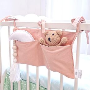 Baby Bedside Bag - 2 Pockets Crib Organizer Hanging for Crib,5 Colors Selection -Baby Toys Storage High-Capacity Baby Hanging Organizer (Apricot color)