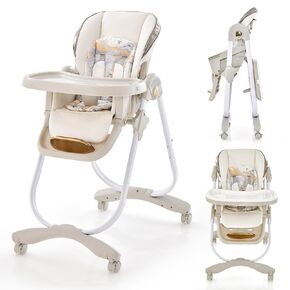 HOMGX Portable High Chair, Foldable Baby Feeding Chair with Adjustable Footrest & Backrest, Large Dishwasher-Safe Double Tray, Toddler Highchair for 6-36 Months, Grey