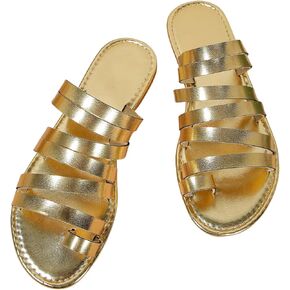 OYOANGLE Women's Metallic PU Leather Toe Post Flat Sandals Open Toe Ankle Strap Sandal Comfortable Walking Slides