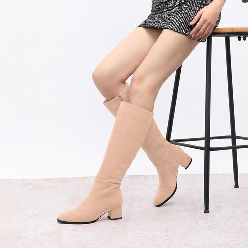 JUSTDANNI Boots for Women Knee High Boots with Low Chunky Block Heels Round Toe Fall Tall Long Boots for Women Party Wedding Work Dating 2 Inches Heeled Boots with Side Zipper in Saudi Arabia