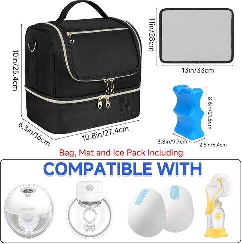 Wearable Breast Pump Bag with Cooler Compartment Fits for Willow/Elvie/Momcozy M5/S12 Pro/Medela, Breast Milk Travel Tote Bag with Ice Pack & Waterproof Mat,Black in Saudi Arabia