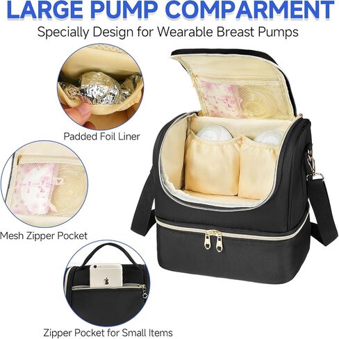 Wearable Breast Pump Bag with Cooler Compartment Fits for Willow/Elvie/Momcozy M5/S12 Pro/Medela, Breast Milk Travel Tote Bag with Ice Pack & Waterproof Mat,Black in Saudi Arabia