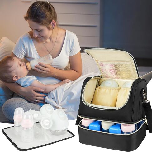 Wearable Breast Pump Bag with Cooler Compartment Fits for Willow/Elvie/Momcozy M5/S12 Pro/Medela, Breast Milk Travel Tote Bag with Ice Pack & Waterproof Mat,Black in Saudi Arabia