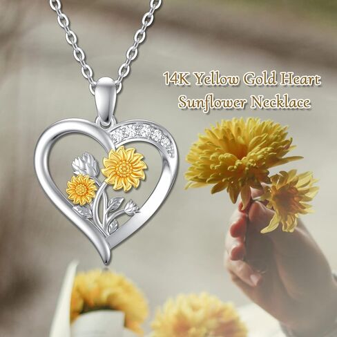 14K Real Gold Nature Diamond Heart Necklace for Women,White/Yellow Gold Sunflower Heart Pendant | You are My Sunshine,Anniversary Birthday Love Jewelry Gifts for Wife Mom 16"-18'' in Kuwait