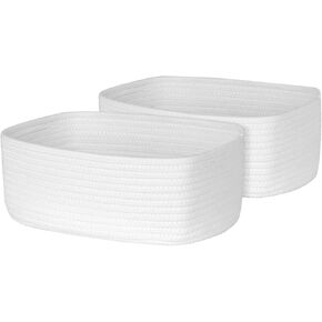 Small Rope Basket 13" x 8.5" x 5.1", Woven Storage Baskets Closet Organizer Bins, Shelf Boxes for Organizing Home Office, Cat Dog Toy Box, Empty Gift Basket 2 Pack, White