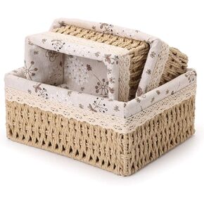 Wicker Baskets Set, 3 Pcs Shelf Small Basket Handmade Woven Storage Bins with Removable Liner,Sturdy Decorative Storage Box for Bathroom,Kitchen