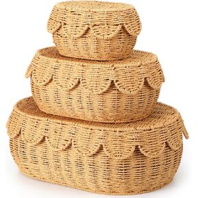 Set of 3 Scalloped Baskets with Lids Hand Woven Scallop Baskets 9.8/13/14.2 Inch Scalloped Wicker Storage Basket Nursery Room Scalloped Edge Basket for Bread Picnic Table Bathroom Home Decoration
