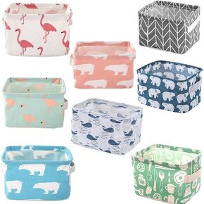 8 Pcs Canvas Storage Bins Baskets Cartoon Storage Box Small Foldable Storage Baskets with Handles for Bathroom Nursery Kids Toys Home Office