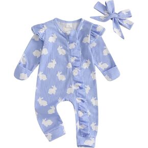 KOSUSANILL Newborn Baby Girl Easter Outfit Long Sleeve Bunny Romper Waffle Zipper Jumpsuit with Headband Cute Fall Clothes