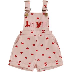 Kids Toddler Girl Valentines Day Outfit Love Heart Overalls Shorts Suspender Trousers One Piece Romper Jumpsuit