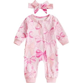 Newborn Baby Girl Jumpsuit Baseball/Cherry Bow Print Zip-up Long Sleeve Romper Headband Spring Clothing