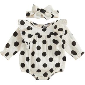 Newborn Infant Baby Girl Clothes Dots Print Cotton Linen Bubble Romper Ruffle Long Sleeve Bodysuit with Headband