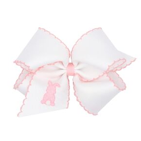 Wee Ones Girls' Easter Embellished Grosgrain Bow with Moonstitch Edge on a WeeStay clip, Handmade, King, Puff Tail Bunny Embroidery