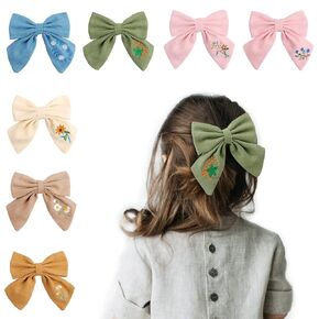 Baby Girl Embroidery Flower Plain Bows Hair Clips,7PACK Fabric Cotton Linen Handmade Hair Accessories for Little Girls Toddler Kids Children