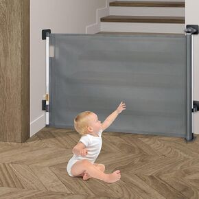 Finnhomy Retractable Baby Gate, Extends up to 55" Wide, Child Mesh Safety Gate, Dog Gates for Doorways, Stairs, Hallways, Indoor/Outdoor, Adhesive or Drill Installation, Black