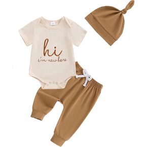 Newborn Boy Clothes Baby Boy Coming Home Outfit Hi I'm New Here Short Sleeve Romper Pants Set Hat Summer Clothing