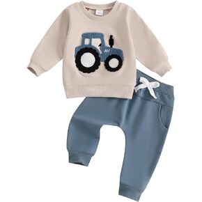Adobabirl Toddler Baby Boy Fall Outfits Tractor Embroidery Long Sleeve Sweatshirt and Pants Set Farm Winter Clothes