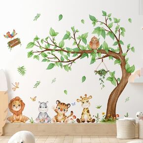 Woodland Animals Wall Stickers Large Size Tree Forest Lion Hippo Tiger Giraffe Peel and Stick Wall Art Decals for Baby Nursery Kids Bedroom Playroom