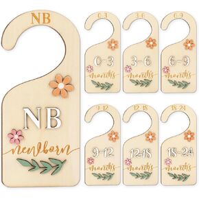 Whaline 7Pcs 3D Daisy Wood Baby Closet Size Dividers with Pink Velvet Bag Newborn to 24 Month Thicken Infant Wardrobe Hanger Organizers for Home Nursery Party Favors