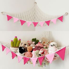 Stuffed Animal Hammock Corner - Large Stuffy Storage With Colorful Flags - Squishie Storage and Plushie Net Hammock - Stuffed Animal Storage Hammock (Blue)