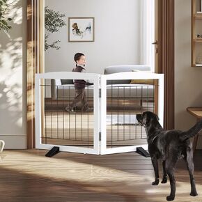 Freestanding Dog Fence Indoor Foldable Long Dog Gate for Doorways Stairs or Hallways Extra Wide Wood Pet Gate, White Puppy Gate, Gate for Dogs,Cedar,32 "Height-2 Panels