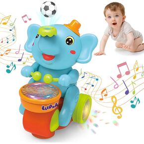 Baby Elephant Musical Crawling Toy with Lights, Sounds, Blowing Ball, Toddler Tummy Time Toys, Infant Sensory Gifts for Kids Boy Girl 1 2 3 4 5 6 7 Years (Blue)