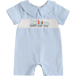 Infant Baby Boy Easter Clothes Outfit Bunny Carrot Embroidery Collared Short Sleeve Romper Jumpsuit