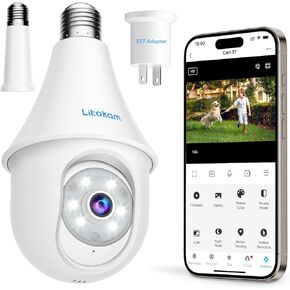 litokam 4MP Light Bulb Security Cameras Wireless Outdoor 2.4GHz, 2K 360 Cameras for Home Security Outside Indoor, Motion Detection, Siren Alarm, Color Night Vision, 24/7 Recording, Work with Alexa