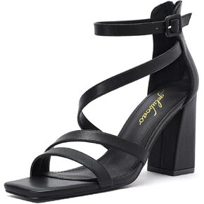 geluboao Heels for Womens Sexy Open Square Toe Strappy Chunky High Heels Sandals Ankle Strap Buckle Block Heeled Sandals