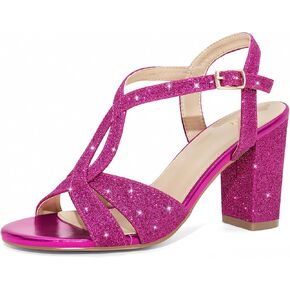 Perphy Glitter Sparkly Heels Crisscross Strap Chunky Heel Sandals for Women