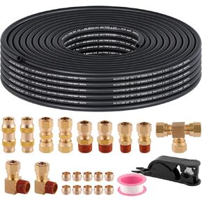 21 PCS Brass DOT Air Line Fittings With 32.8 FT 3/8" PA Nylon Air Hose, Air Fittings Straight Union 3/8" Tube OD Brass Push Air Brake Line Fittings for Trucks Trailers and Industrial Use