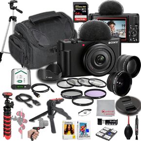 Sony ZV-1F Vlogging Camera |20.1MP | 64GB Extreem Speed Memory,.43 Wide Angle & 2X Lenses, Case. Tripod, Filters, Hood, Grip,Editing Software Kit -Deluxe Bundle, compact, Black