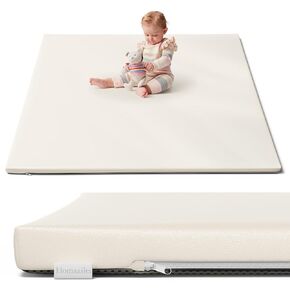Padded Baby Play Mat 50 x 50, 1.2in Extra Thick & Super Soft Non Toxic Leathaire Baby Mat for Floor, Anti-Slip & Waterproof Baby Crawling Mat for Boy or Girl, Beige