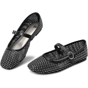 HOMETRUE Women's Mesh Ballet Flats Buckle Strap Sparkly Rhinestone Mary Jane Ballerina Flat Casual Dress Shoes