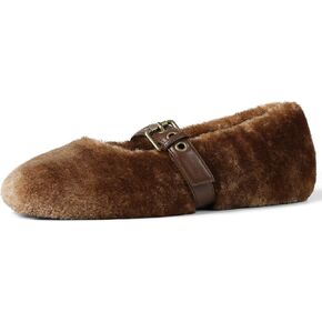 Fur Ballet Flats for Women Buckle Strap Mary Jane Shoes Comfy Ballerina Flats Casual Office Mary Janes Cute Faux Fur Flat Shoes for Women