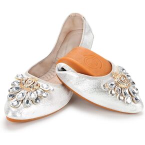 KUNWFNIX Women's Ballet Flats Foldable Classic Crown Rhinestone Slip On Flowers PU Leather Pointed Toe Comfort Flat Casual Dress Shoes