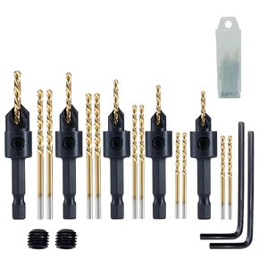 Combination Countersink Drill Bits Set Adjustable, #4, #6, #8, #10, #12, Depth Adjustable M2 Pilot Drill Bits, 82-Degree Chamfer with Stop, 1/4" Hex Shank, with 2 Allen Wrench