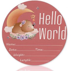 Hello World Newborn Sign Bear Girl Baby Name Birth Announcement Sign for Nursery Hospital Welcome Baby Name Plaque 6 inch Circle Birch Wood Board Birth Stat Sign Newborn Gifts for Mom