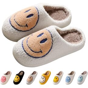 Smile Face Slippers for Women Comfy Thick Sole Happy Face Slippers Soft Plush Fuzzy Slip-On Women Slippers Retro Cozy Slippers Warm House Slippers for Indoor & Outdoor