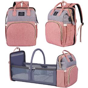 Diaper Bag Backpack, Waterproof Multifunctional Diaper Backpack, with Diaper Changing Station Baby Backpack, for Baby Boy and Baby Girl (Pinkish Gray)